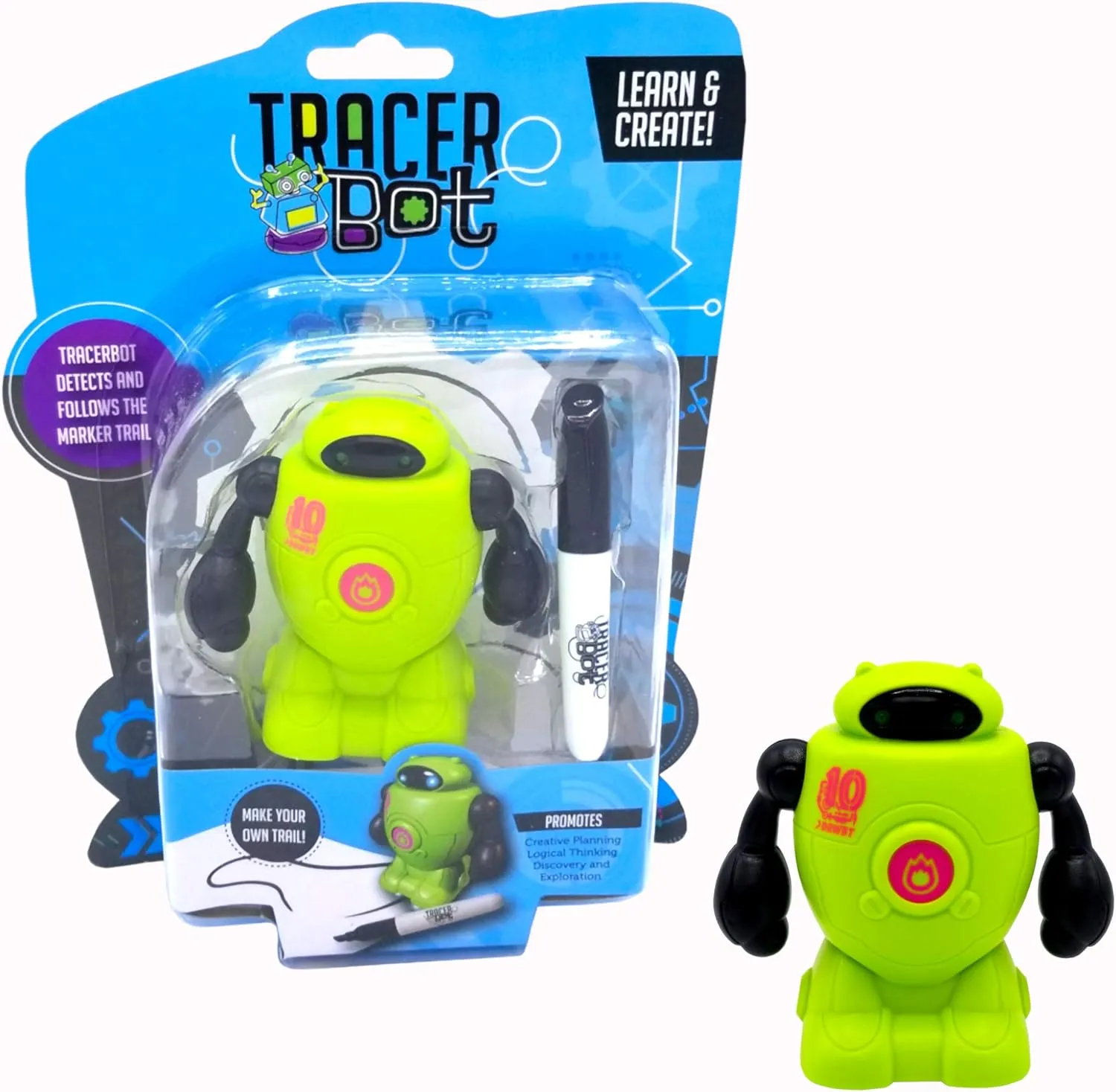 MUKIKIM TracerBot - Green – Mini Inductive Robot That Follows The Black Line You Draw. Fun, Educational, and Interactive STEM Toy with Limitless Ways to Play! Promotes Logic and Creativity Training