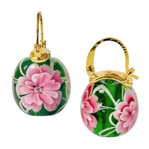 Murano Glass Style Floral Huggie Hoop Earrings, 16mm Cute Pink Peony Flower, 1920's Vintage Jewelry Inspired Earrings for Women (Green)