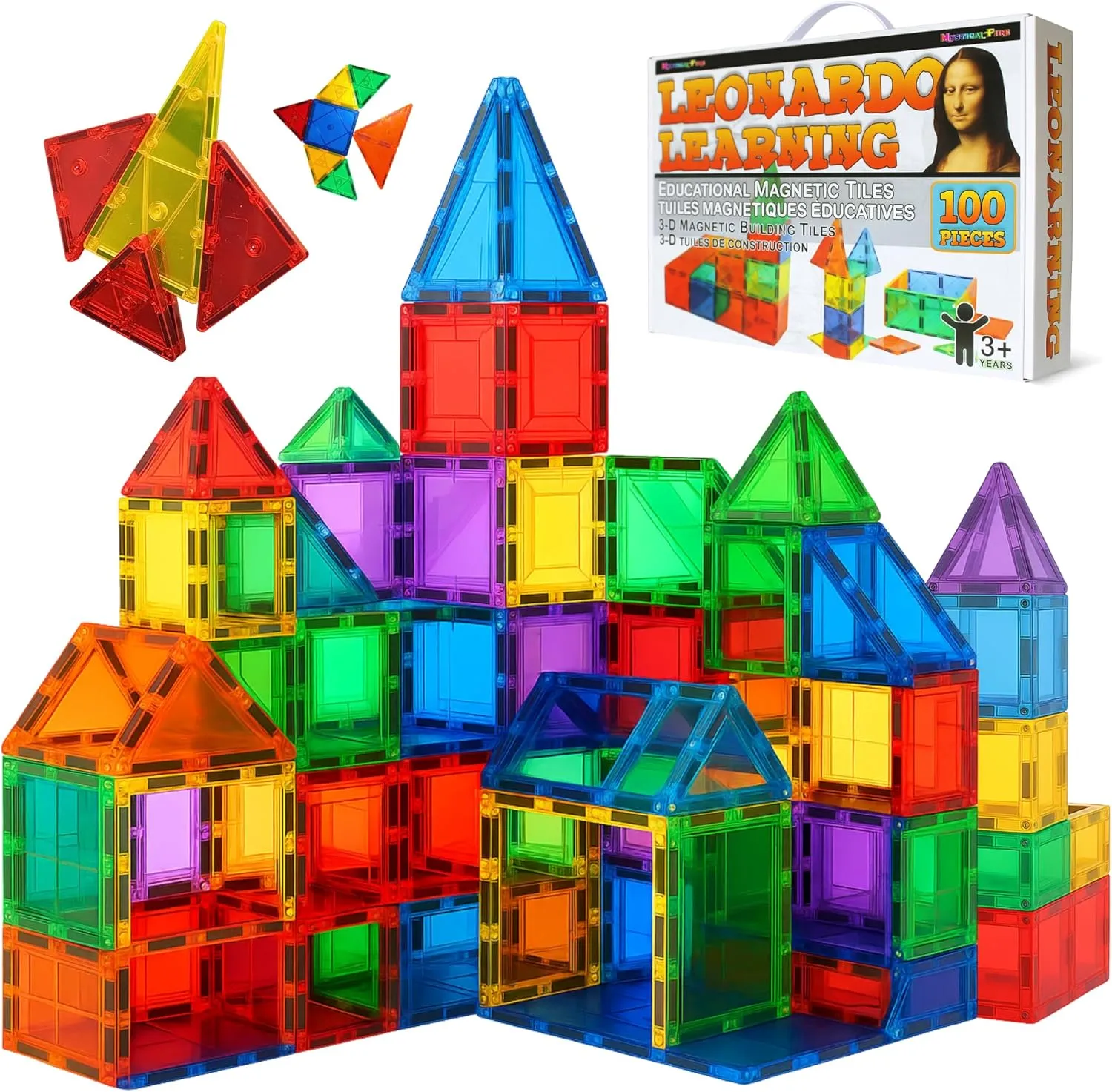 Mystical Fire Magnetic Tiles Set- 100 Pcs Montessori Inspired 3D Sensory Building Blocks for Kids- Leonardo Learning Magnetic Tiles Set STEM Approved Educational Magnet Construction Toys