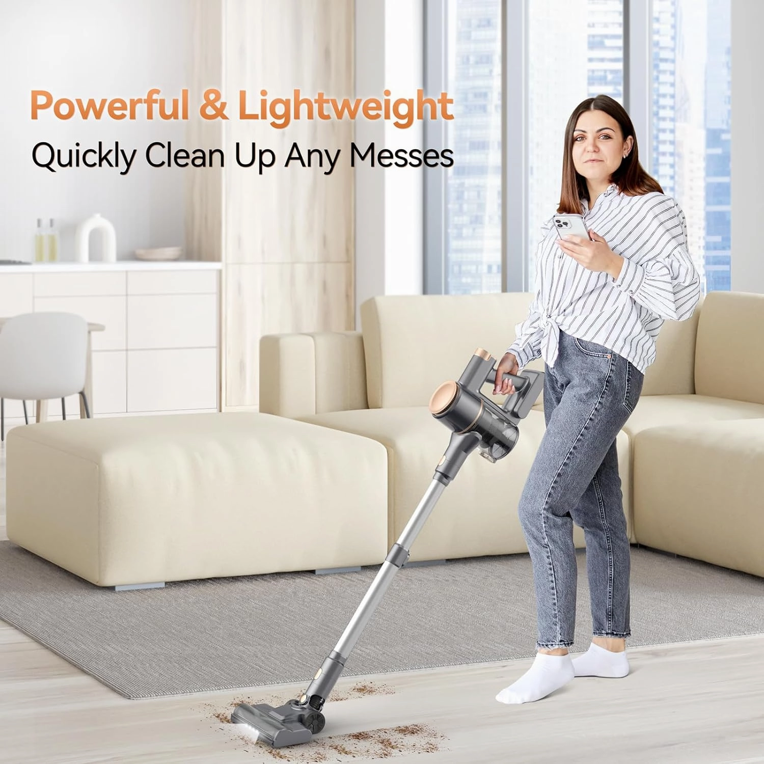 N8 Cordless Vacuum Cleaner, Lightweight Stick Vacuum with Powerful Suction, 2200mAh Battery, 40 Mins Runtime, Self-Standing, Rechargeable Vacuum Cleaners for Home Hardwood Floor Carpet Pet Hair (Gold)