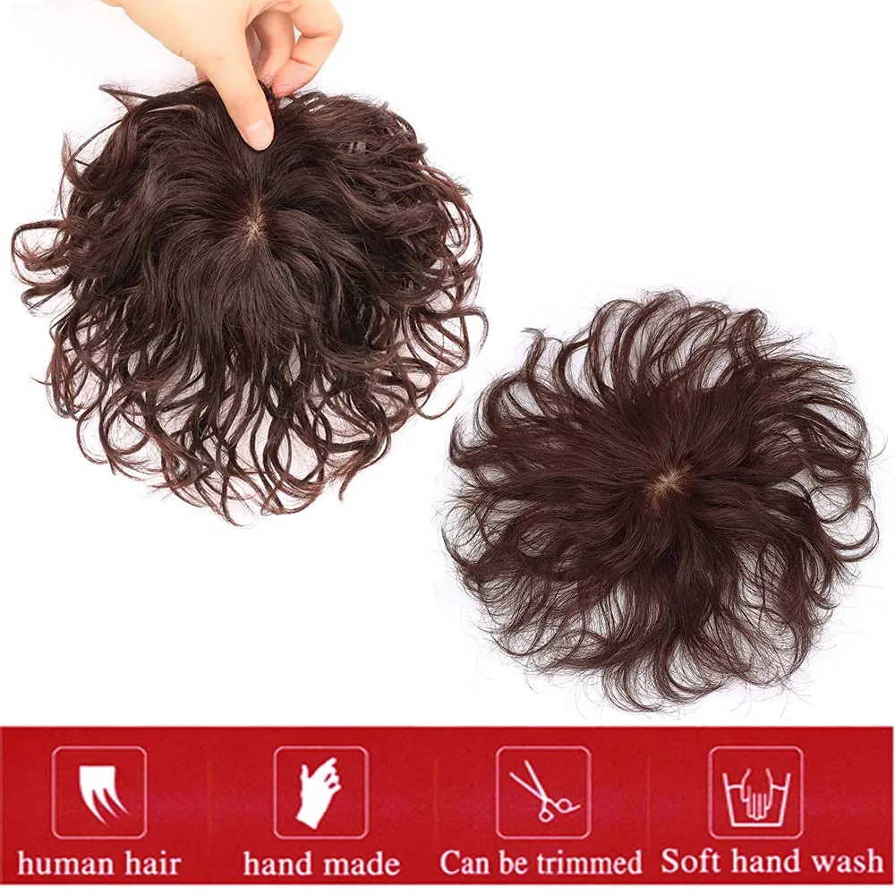 Natural Wavy Fluffy Clip in Hair Topper 7" Short Remy Human Hair Top Hairpieces with Silk Base Head Spin,Realistic Curly Hair PieceTopper Wig for Thinning Hair or Gray Hair Hair Dark Brown