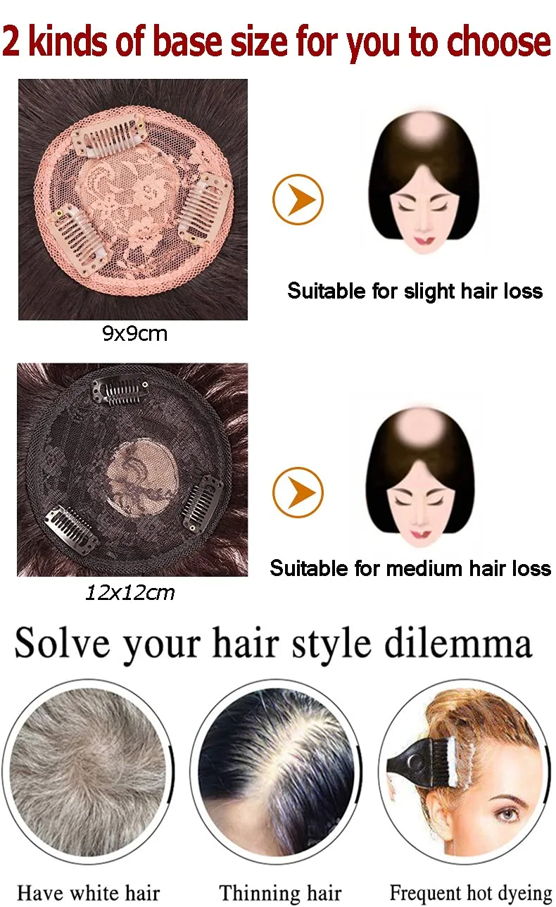 Natural Wavy Fluffy Clip in Hair Topper 7" Short Remy Human Hair Top Hairpieces with Silk Base Head Spin,Realistic Curly Hair Topper Wig for Thinning Hair or Gray Hair Natural Black