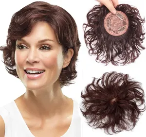 Natural Wavy Fluffy Clip in Hair Topper 7" Short Remy Human Hair Top Hairpieces with Silk Base Head Spin,Realistic Curly Hair Topper Wig for Thinning Hair or Gray Hair Natural Black