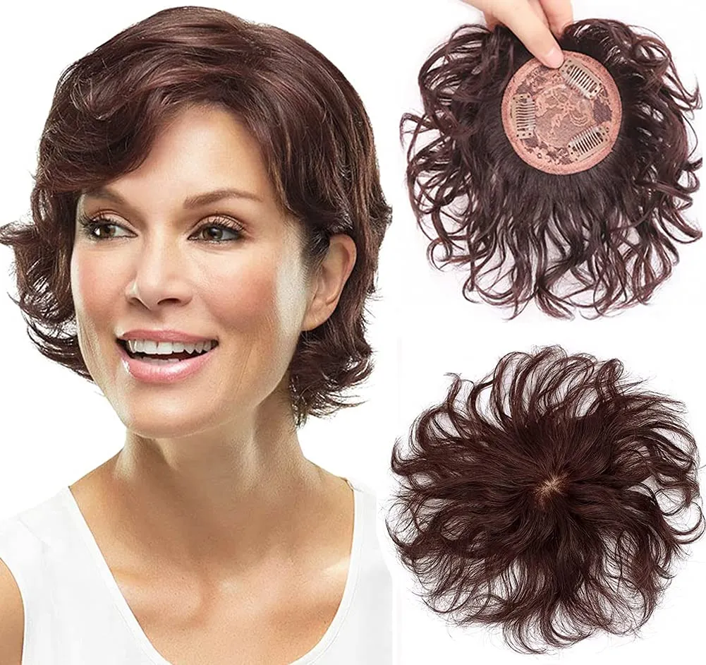 Natural Wavy Fluffy Clip in Hair Topper 7" Short Remy Human Hair Top Hairpieces with Silk Base Head Spin,Realistic Curly Hair Topper Wig for Thinning Hair or Gray Hair Natural Black