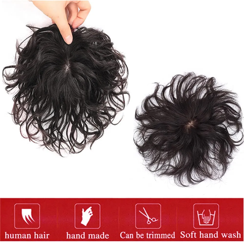 Natural Wavy Fluffy Clip in Hair Topper 7" Short Remy Human Hair Top Hairpieces with Silk Base Head Spin,Realistic Curly Hair Topper Wig for Thinning Hair or Gray Hair Natural Black