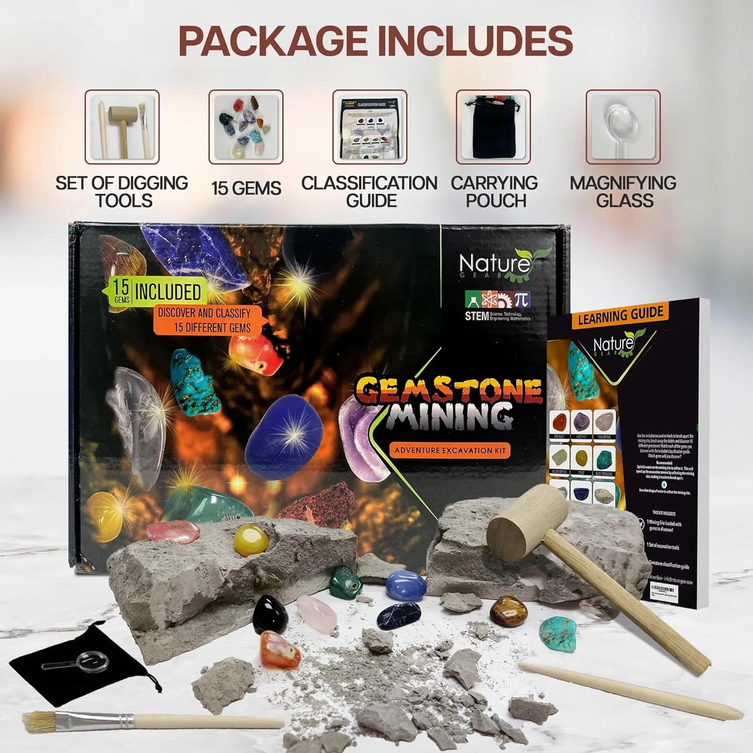 Nature Gear Gemstone Dig Kit for Kids, Educational Crystal Excavation Kit with 15 Mystery Gems, Interactive Adventure Fossil Mining Toy for Kids Age 3-5 and Up