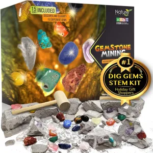 Nature Gear Gemstone Dig Kit for Kids, Educational Crystal Excavation Kit with 15 Mystery Gems, Interactive Adventure Fossil Mining Toy for Kids Age 3-5 and Up