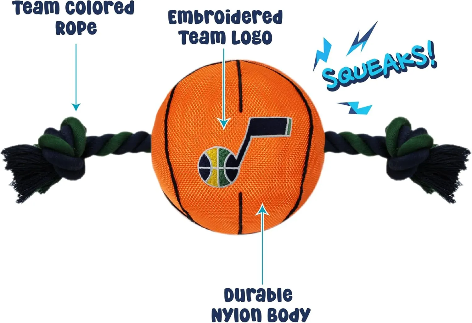 NBA UTAH JAZZ Basketball Toy. - Tough Nylon Pet Toy with Tug Ropes & inner Squeaker