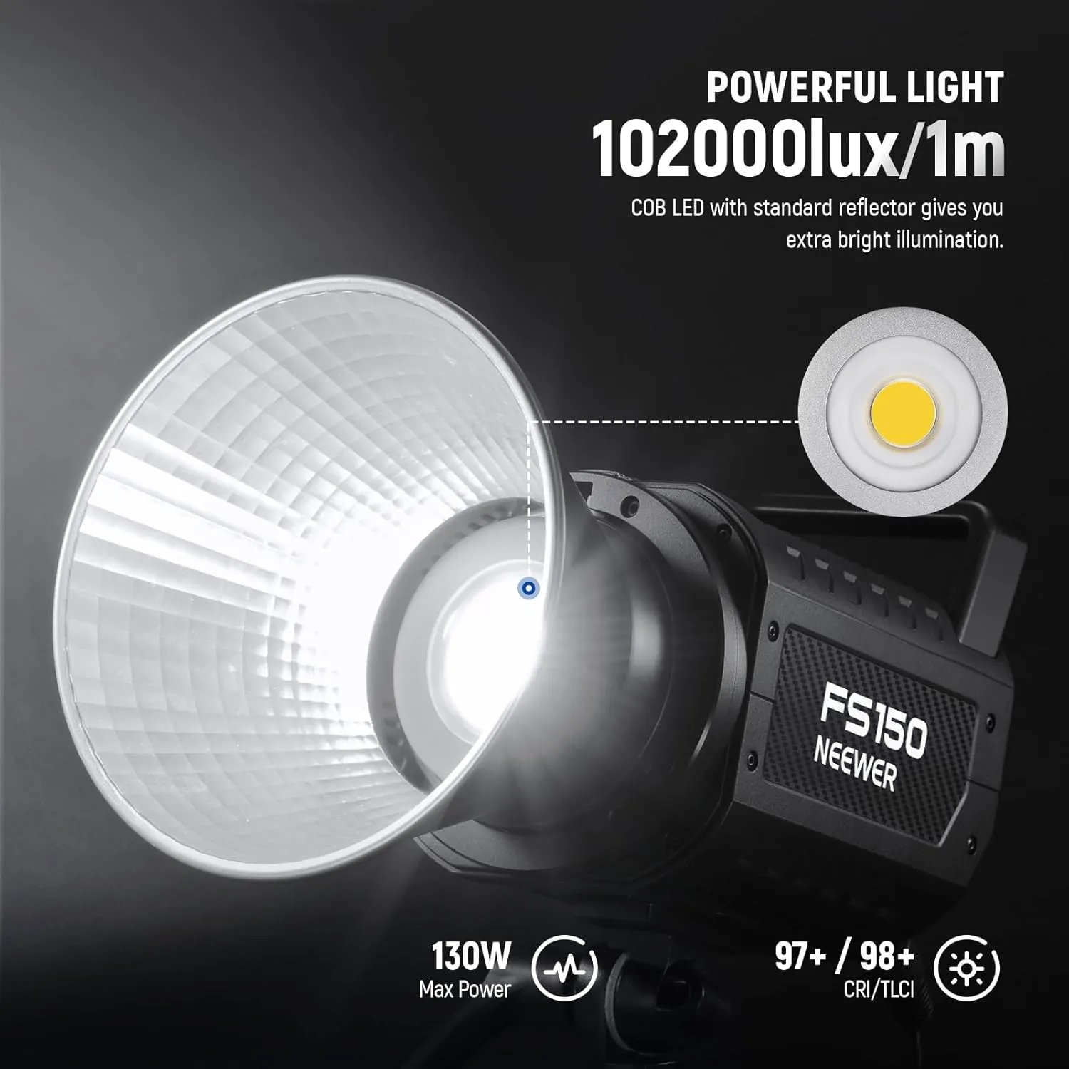 NEEWER FS150 LED Video Light 2.4G/APP Control, 130W 5600K COB Daylight Silent Photography Continuous Output Lighting 4 Precise Dimming Types 102000lux/1m CRI97  9 Effects Bowens Mount, US Plug