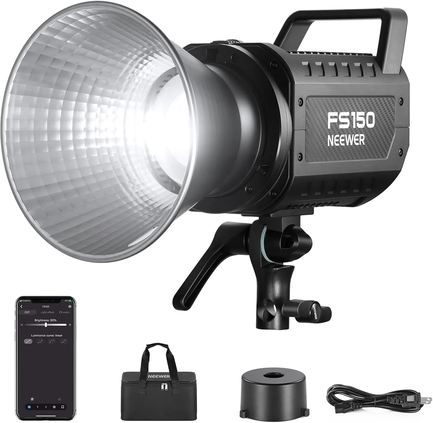 NEEWER FS150 LED Video Light 2.4G/APP Control, 130W 5600K COB Daylight Silent Photography Continuous Output Lighting 4 Precise Dimming Types 102000lux/1m CRI97  9 Effects Bowens Mount, US Plug