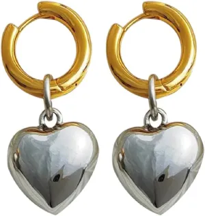 New 2026 Unisex Statement Gold Silver Color Mixed Solid Heart Pendant Hoop Earrings Street Style Korean Fashion Decoration Jewelry Luxury With For You Accessories Trendy Creative For Women And Men