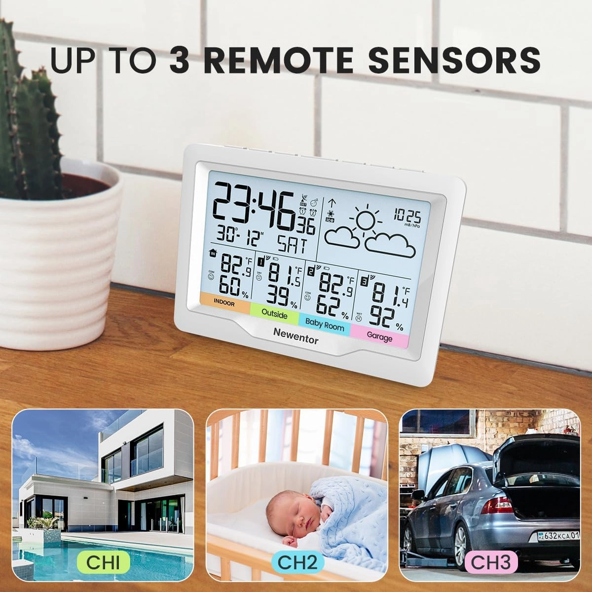 Newentor Weather Stations Wireless Indoor Outdoor Multiple Sensors, Indoor Outdoor Thermometer with Atomic Weather Clock Battery Powered, Temperature Humidity Monitor and Barometer for Home, White