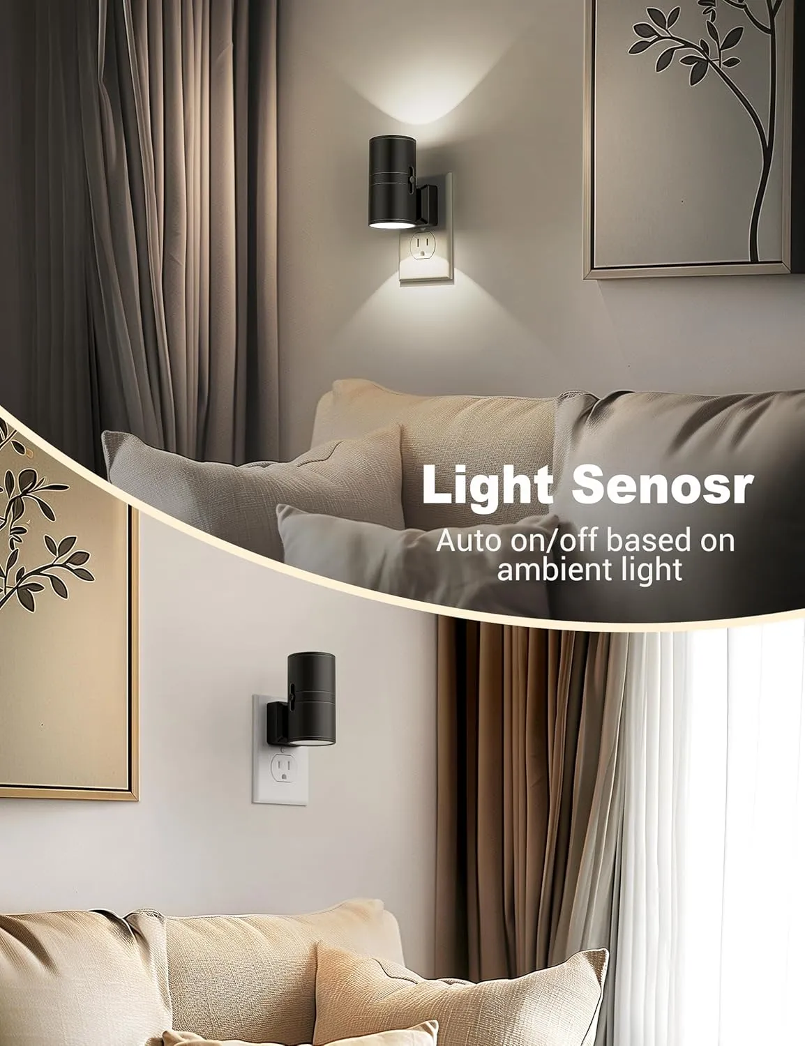Night Lights Plug into Wall, Dimmable Night Light Plug in, Modern Night Lights with Dusk to Dawn Light Sensor, Soft White 5000K, 0-100LM Adjustable Brightness Nightlight for Hallway Bedroom, 2 Pack