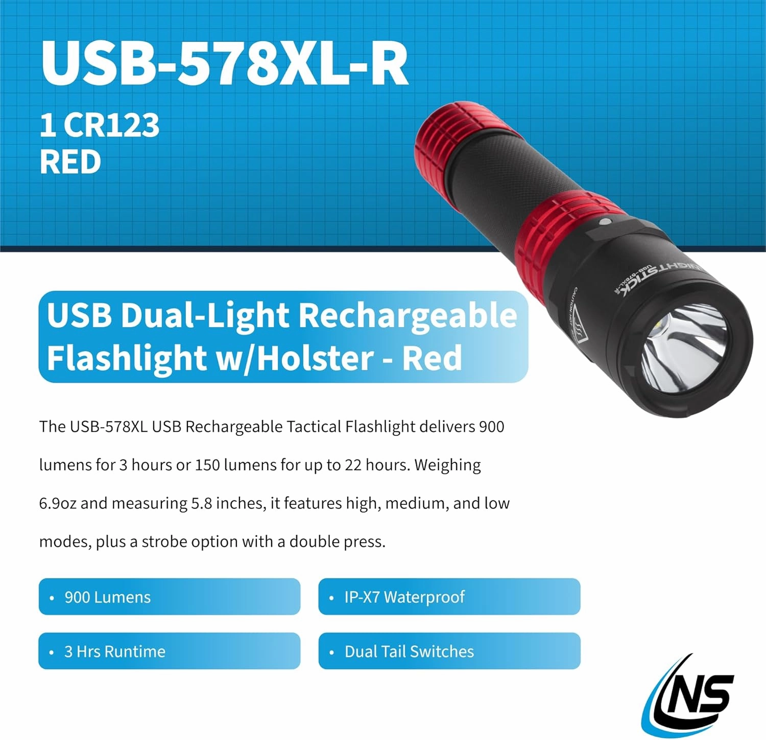 Nightstick USB-578XL-R Metal Dual-Light Rechargeable Flashlight w/Holster - Red