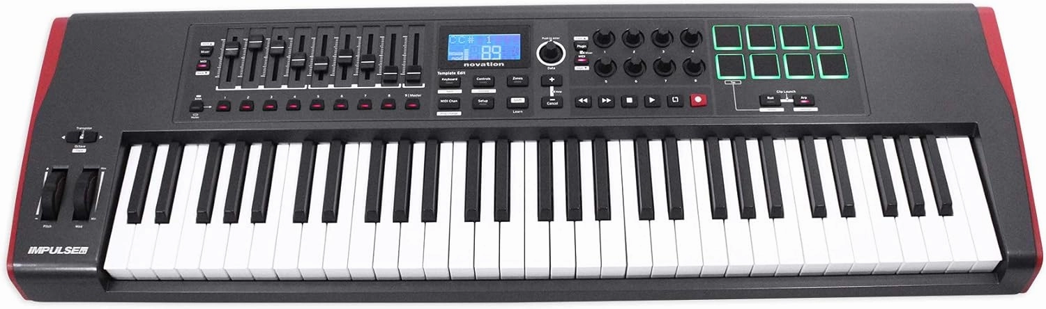 Novation Impulse 61 Keys USB bus-powered MIDI Controller Keyboard – Robust, ultra-responsive, full-size piano keyboard with aftertouch and velocity-sensitive pads – works on Mac or Windows