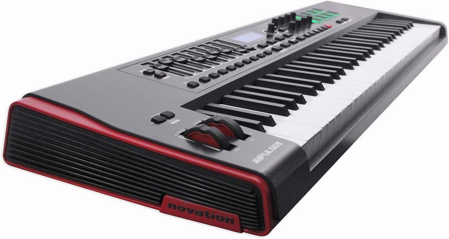 Novation Impulse 61 Keys USB bus-powered MIDI Controller Keyboard – Robust, ultra-responsive, full-size piano keyboard with aftertouch and velocity-sensitive pads – works on Mac or Windows