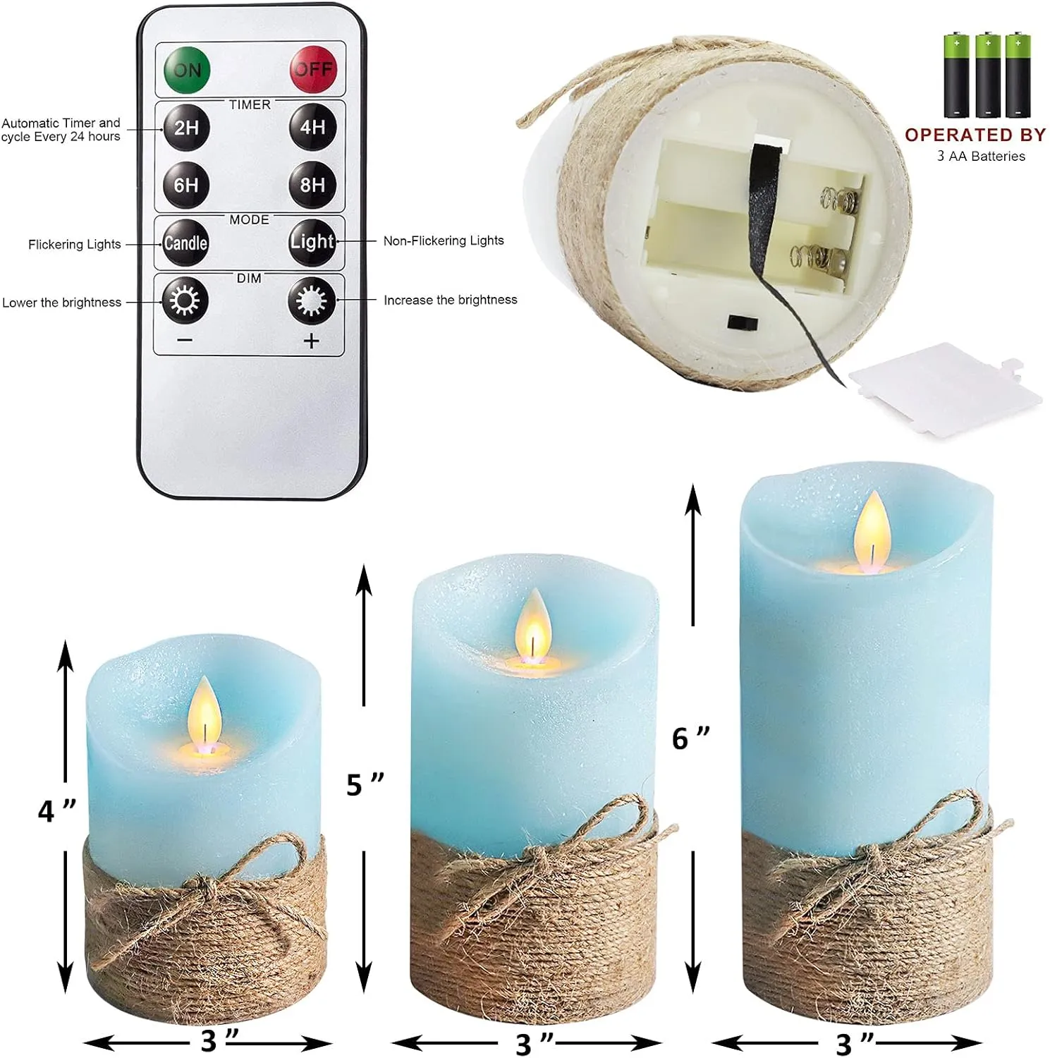 Ocean Blue Flameless Candles, Nautical Themed Led Pillar Candles with Remote & Timer, Decorative Flickering Candles for Gifts, Party, Wedding, Home Decorations - Set of 3