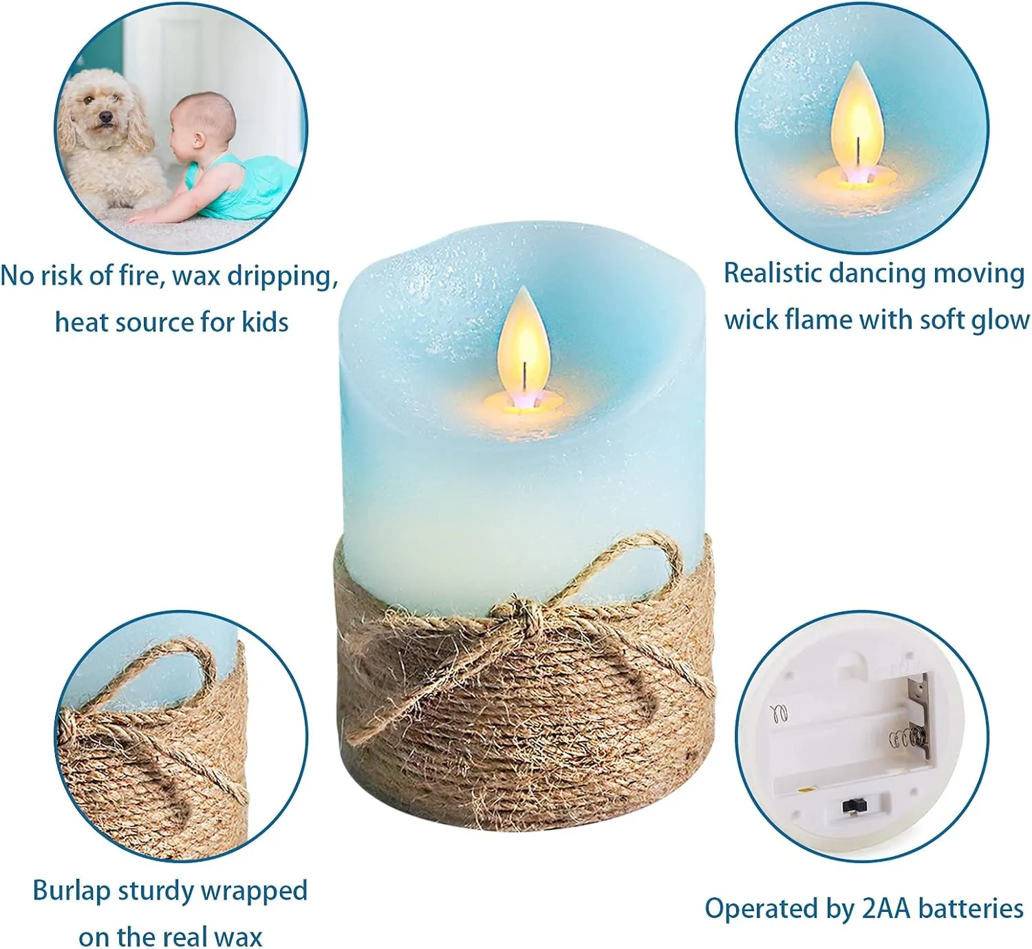 Ocean Blue Flameless Candles, Nautical Themed Led Pillar Candles with Remote & Timer, Decorative Flickering Candles for Gifts, Party, Wedding, Home Decorations - Set of 3