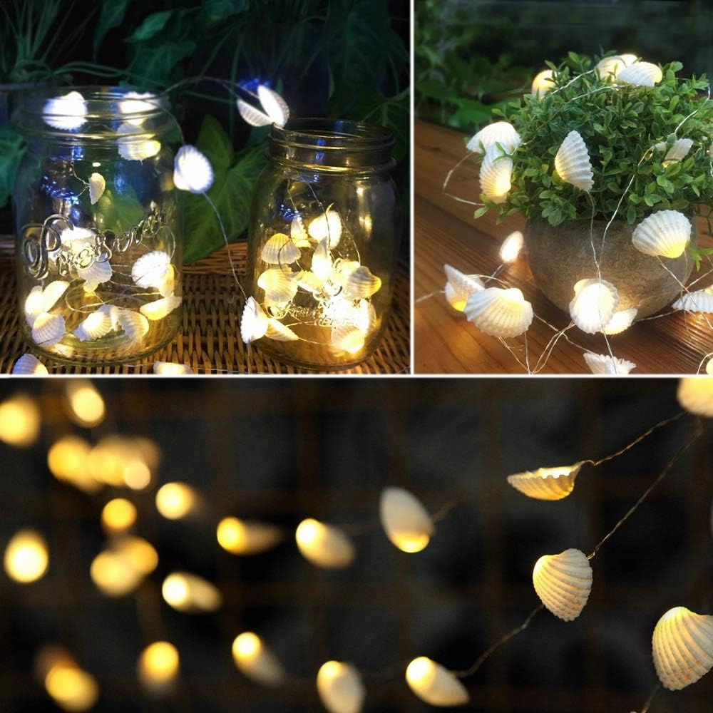 Ocean Real Seashell String Lights 13.85Ft 40 LED Warm White Waterproof Battery Operated with Timer and Remote Control for Beach Themed Decoration Indoor Covered Outdoor Birthday Holiday