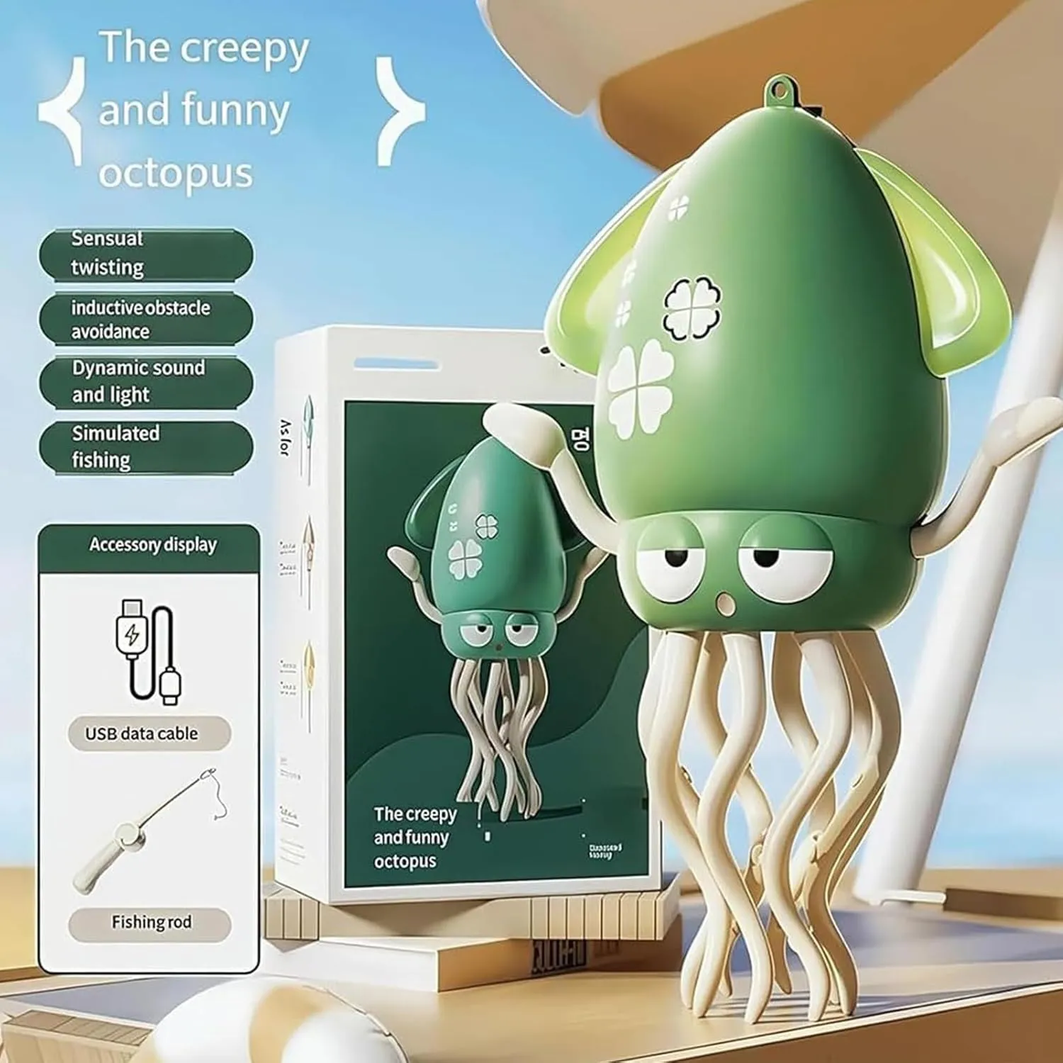 Octopus Tummy Time Toy, Dancing Squid Game Toy, Electric Crawling Octopus Toys, Automatic Obstacle Avoidance Octopu Sensory Toys, Pet Robot Robotic for Dog Cat, Moving, Dance, Twisting (Green-B)