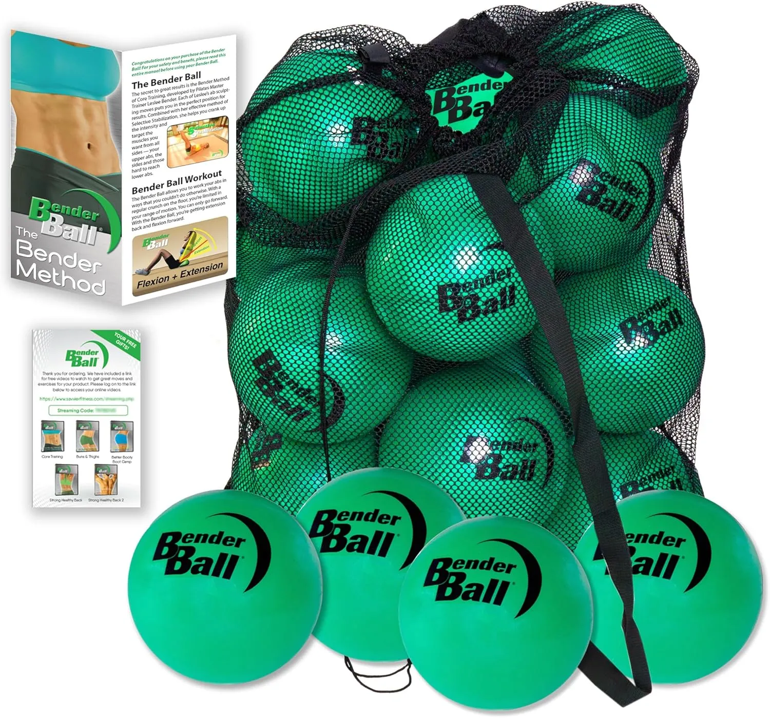Official Club Kit (Set of 25, Green), Original Soft 9 Inch Pilates Ball, Small Exercise Ball for Barre, Yoga, Stability, Abs, Core, Physical Therapy   Mesh Bag, Instructions and Videos