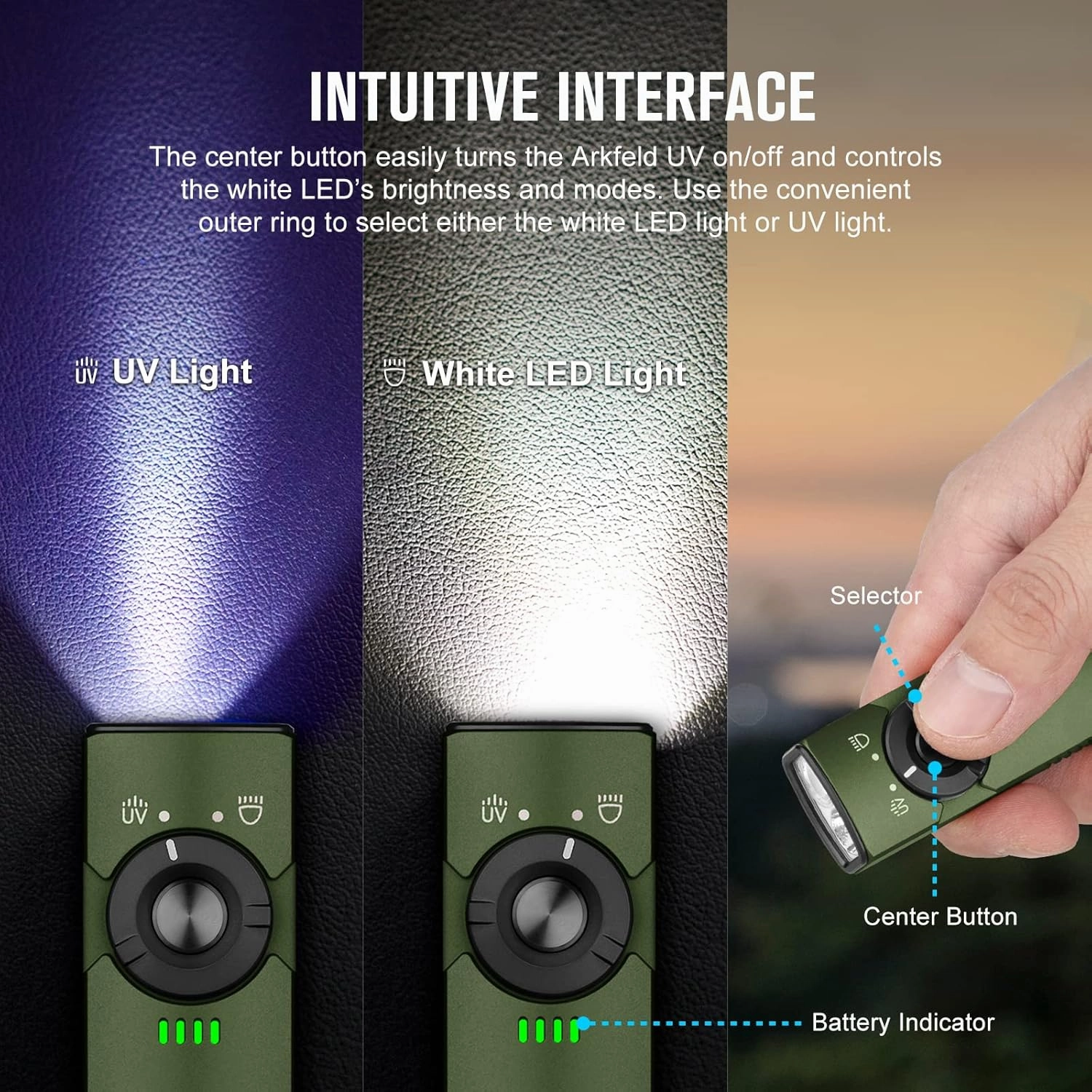 OLIGHT Arkfeld UV Rechargeable EDC Flashlight, 1000 Lumens White LED and 365nm Blacklight Combo for Outdoors, Emergency, Working, Pet Urine Detection (OD Green CW)