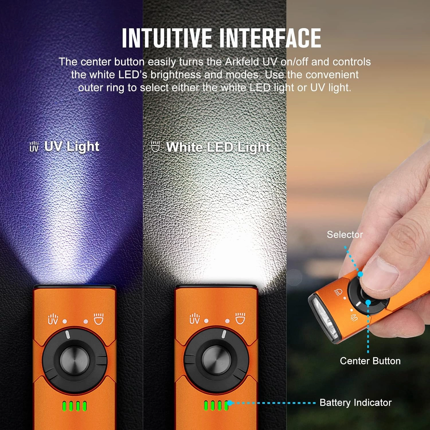 OLIGHT Arkfeld UV Rechargeable EDC Flashlight, 1000 Lumens White LED and 365nm Blacklight Combo for Outdoors, Emergency, Working, Pet Urine Detection (Orange CW)