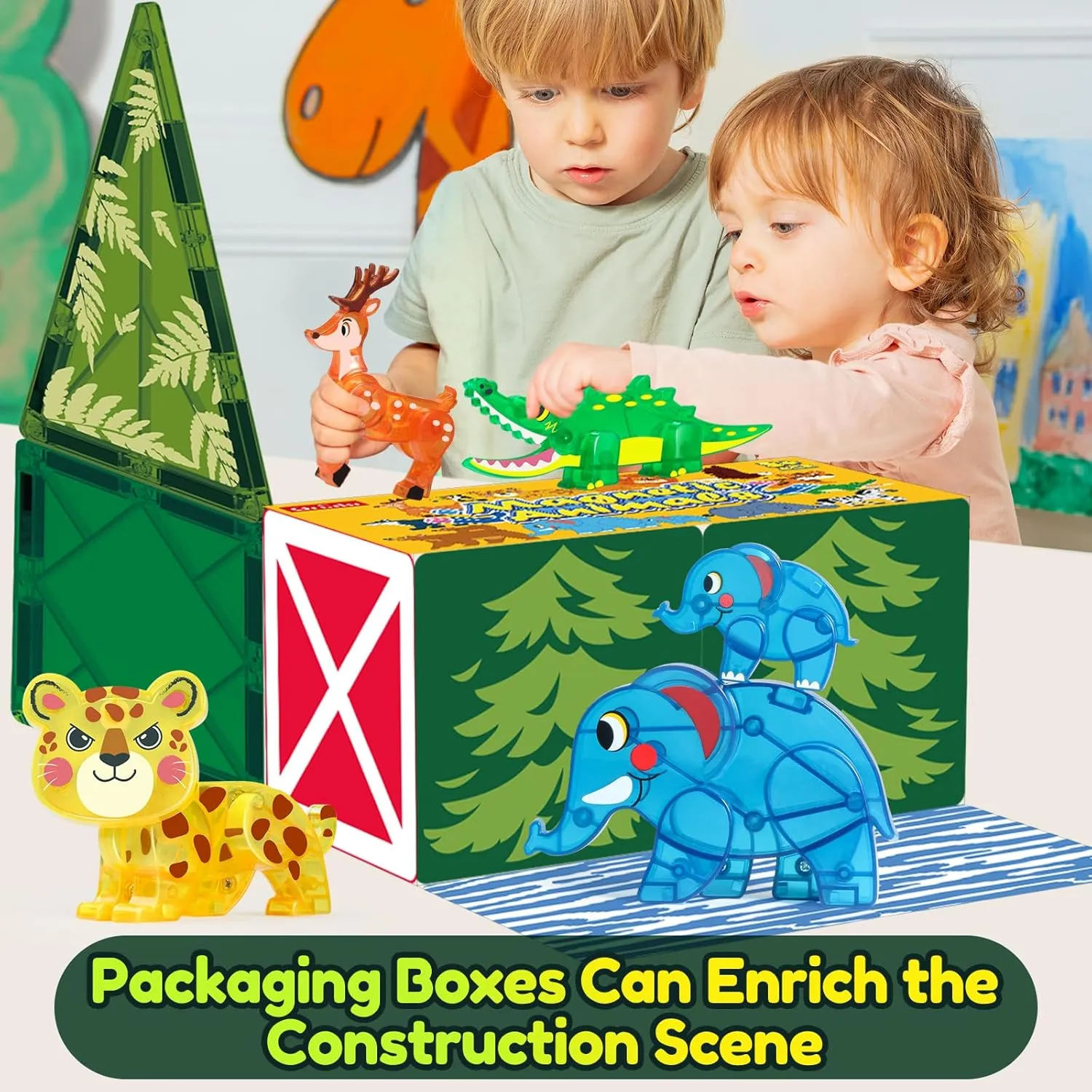 Oriate Magnet Jungle Animal Toys for Kids Magnetic Tiles Blocks, 5pcs Magnetiles Animals for Kids, Movable Joints Zoo Animals Match Magnetic Construction Building Magnet Tiles, Educational Travel Toy