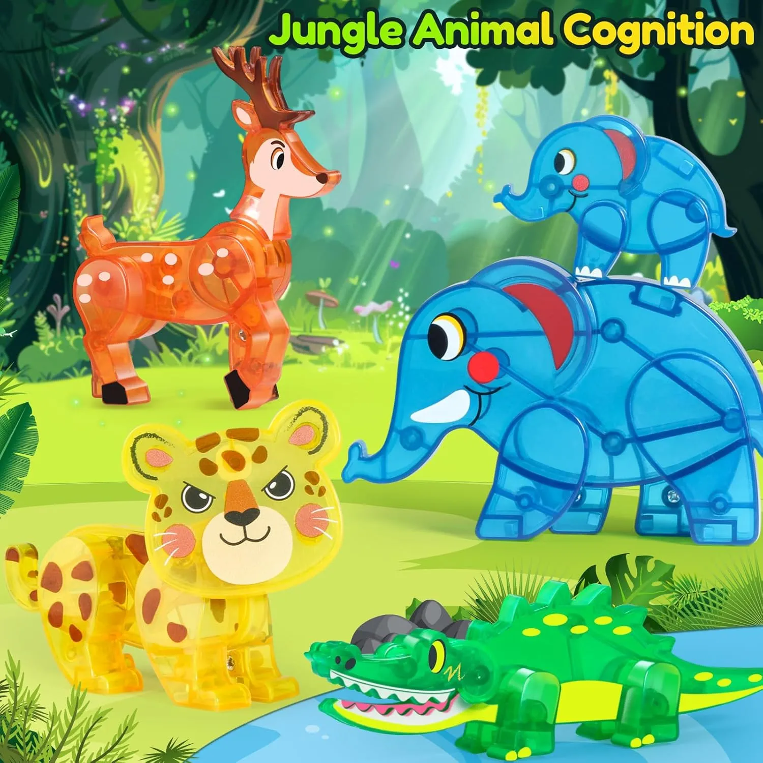 Oriate Magnet Jungle Animal Toys for Kids Magnetic Tiles Blocks, 5pcs Magnetiles Animals for Kids, Movable Joints Zoo Animals Match Magnetic Construction Building Magnet Tiles, Educational Travel Toy