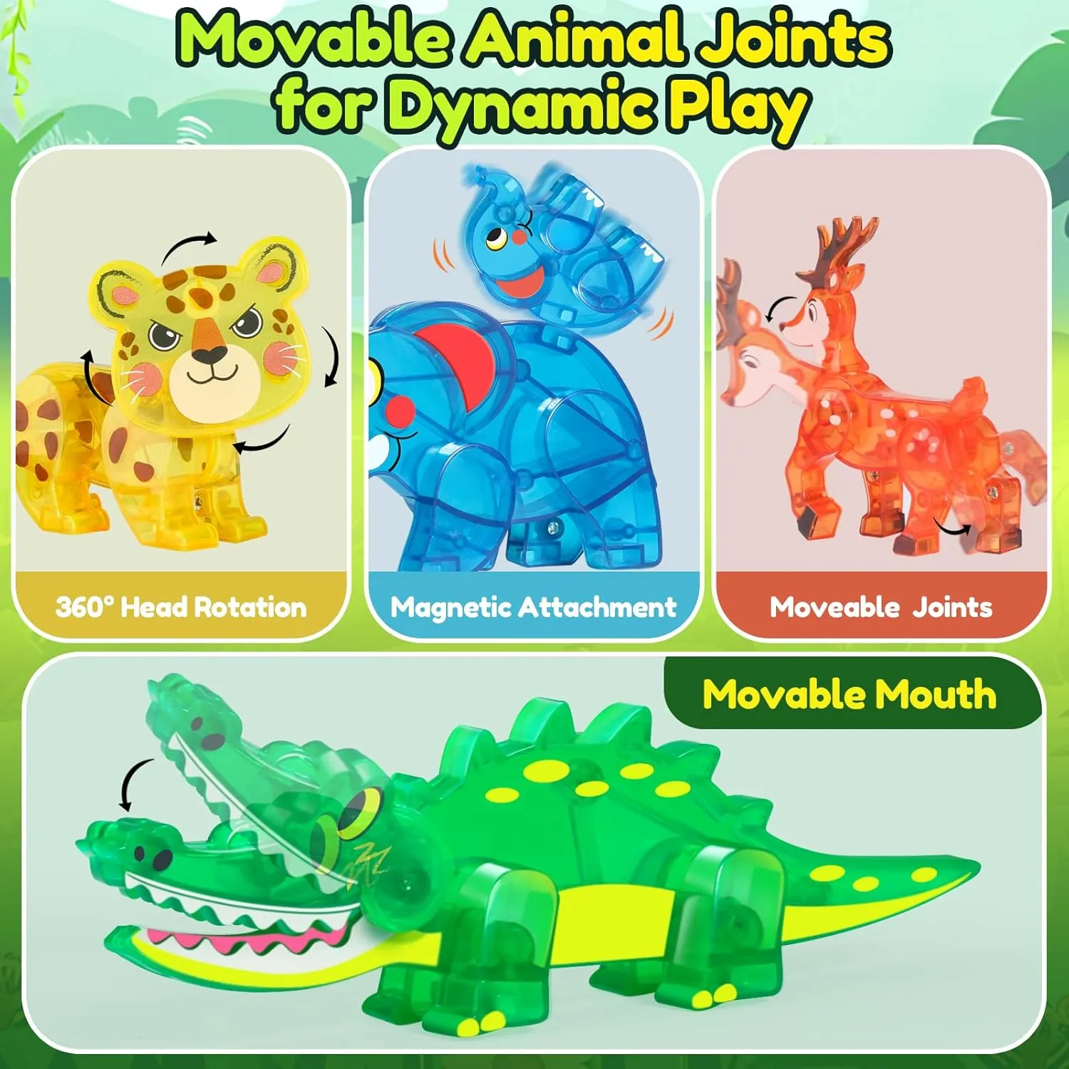 Oriate Magnet Jungle Animal Toys for Kids Magnetic Tiles Blocks, 5pcs Magnetiles Animals for Kids, Movable Joints Zoo Animals Match Magnetic Construction Building Magnet Tiles, Educational Travel Toy