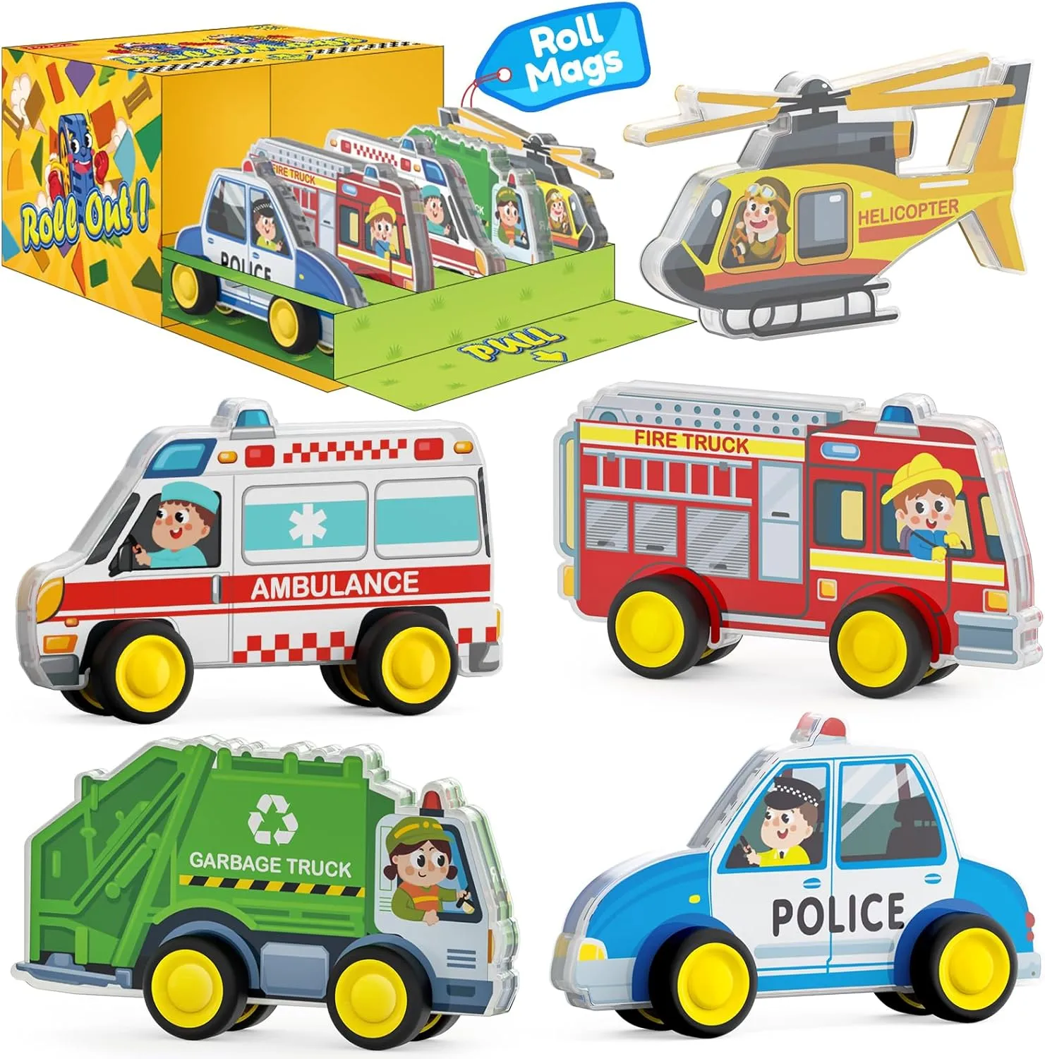 Oriate Rolling Magnet City Vehicles Magnetic Tiles, 5pcs Magnetized Action Figures Compatible Magnetic Structural Build Magnets Tile Building Blocks Accessory Playset, STEAM Educational Learning