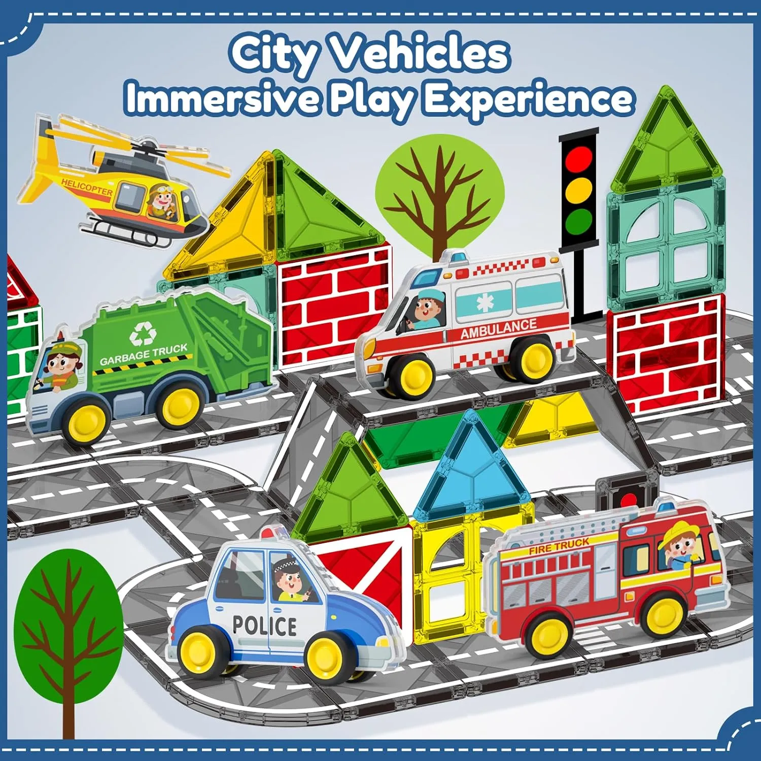 Oriate Rolling Magnet City Vehicles Magnetic Tiles, 5pcs Magnetized Action Figures Compatible Magnetic Structural Build Magnets Tile Building Blocks Accessory Playset, STEAM Educational Learning