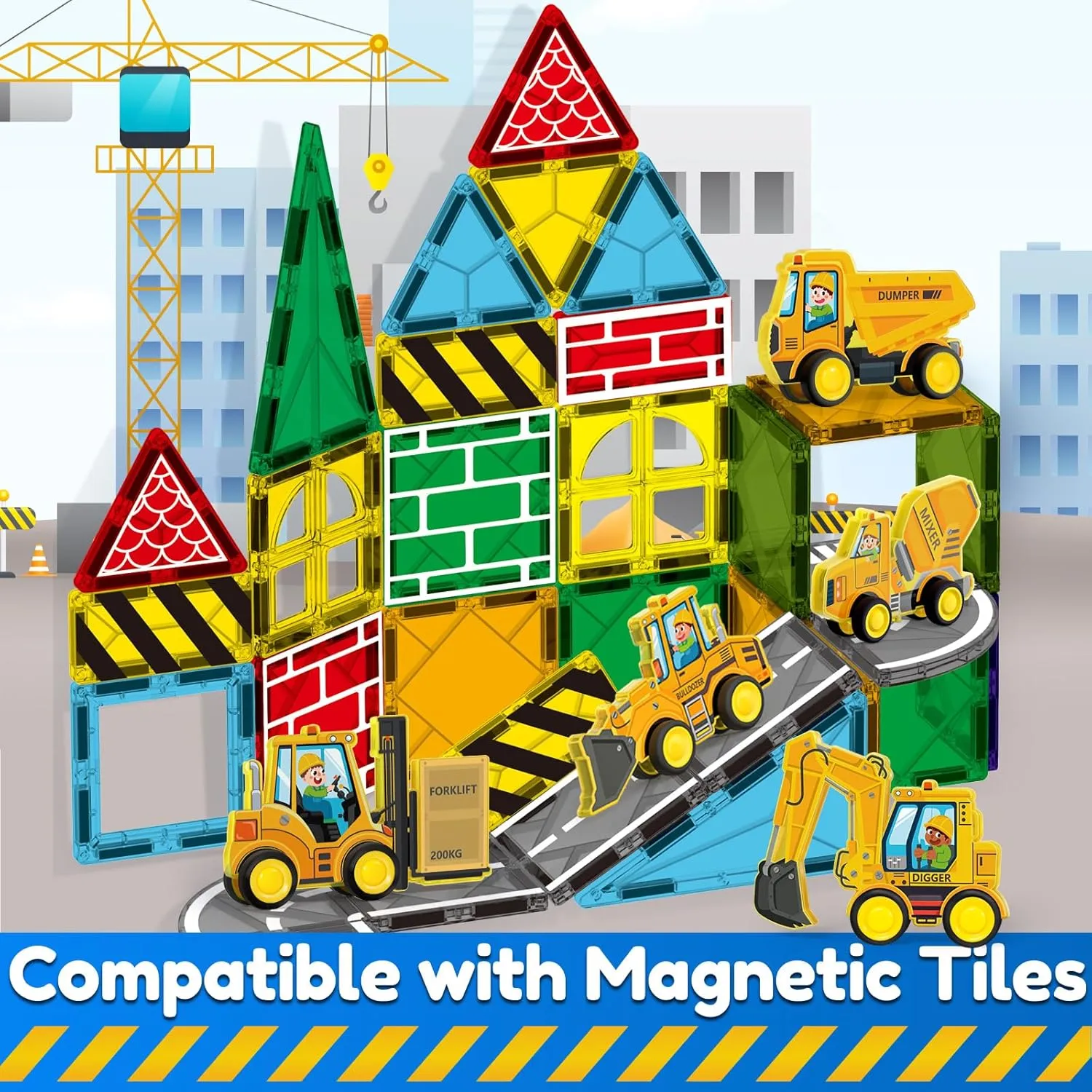 Oriate Rolling Magnet Construction Vehicles Magnetic Tiles, 5pcs Construction Trucks Toys Compatible Magnetic Structural Build Magnets Tile Building Blocks Accessory, STEAM Educational Learning