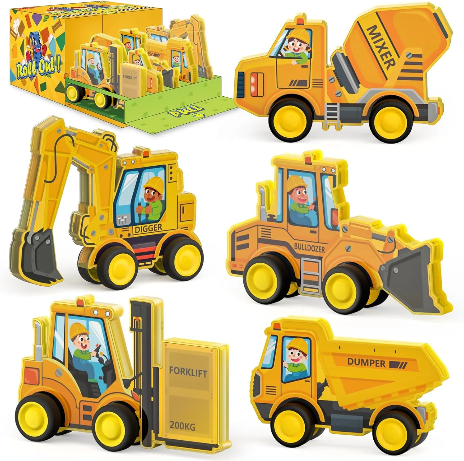 Oriate Rolling Magnet Construction Vehicles Magnetic Tiles, 5pcs Construction Trucks Toys Compatible Magnetic Structural Build Magnets Tile Building Blocks Accessory, STEAM Educational Learning