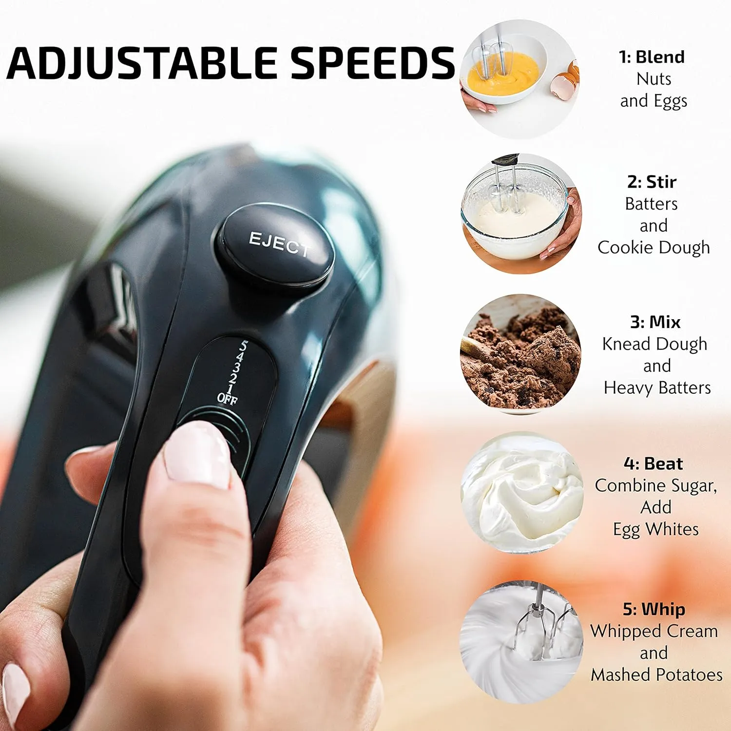 OVENTE 5-Speed Electric Hand Mixer with Stainless Steel Mixing Whisk, Snap-On Storage Case, Portable & Lightweight 150W Motor, Compact Handheld Mixer for Baking, Blending or Cooking, Black HM151B