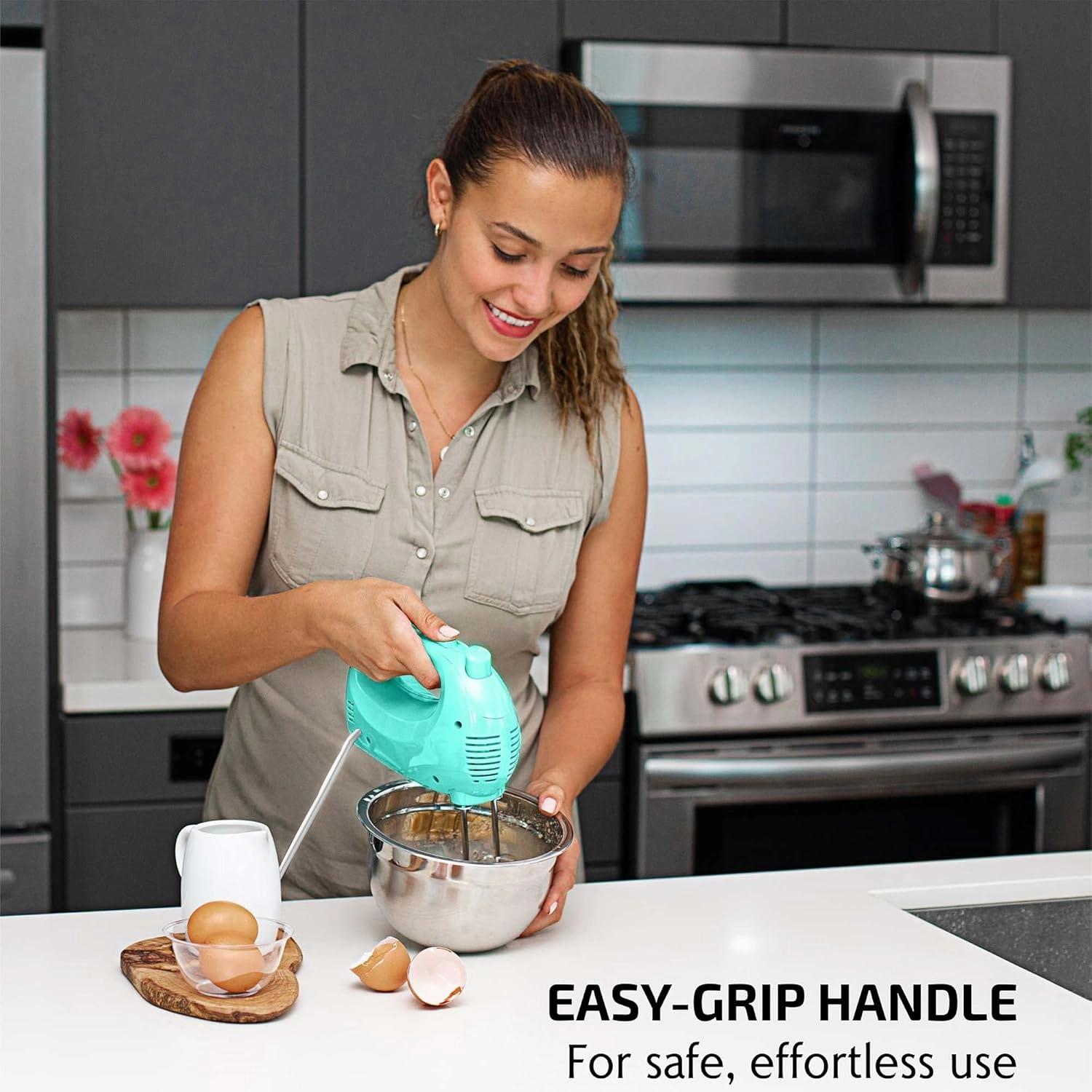 OVENTE 5-Speed Electric Hand Mixer with Stainless Steel Mixing Whisk, Snap-On Storage Case, Portable & Lightweight 150W Motor, Compact Handheld Mixer for Baking, Blending or Cooking, Turquoise HM151T