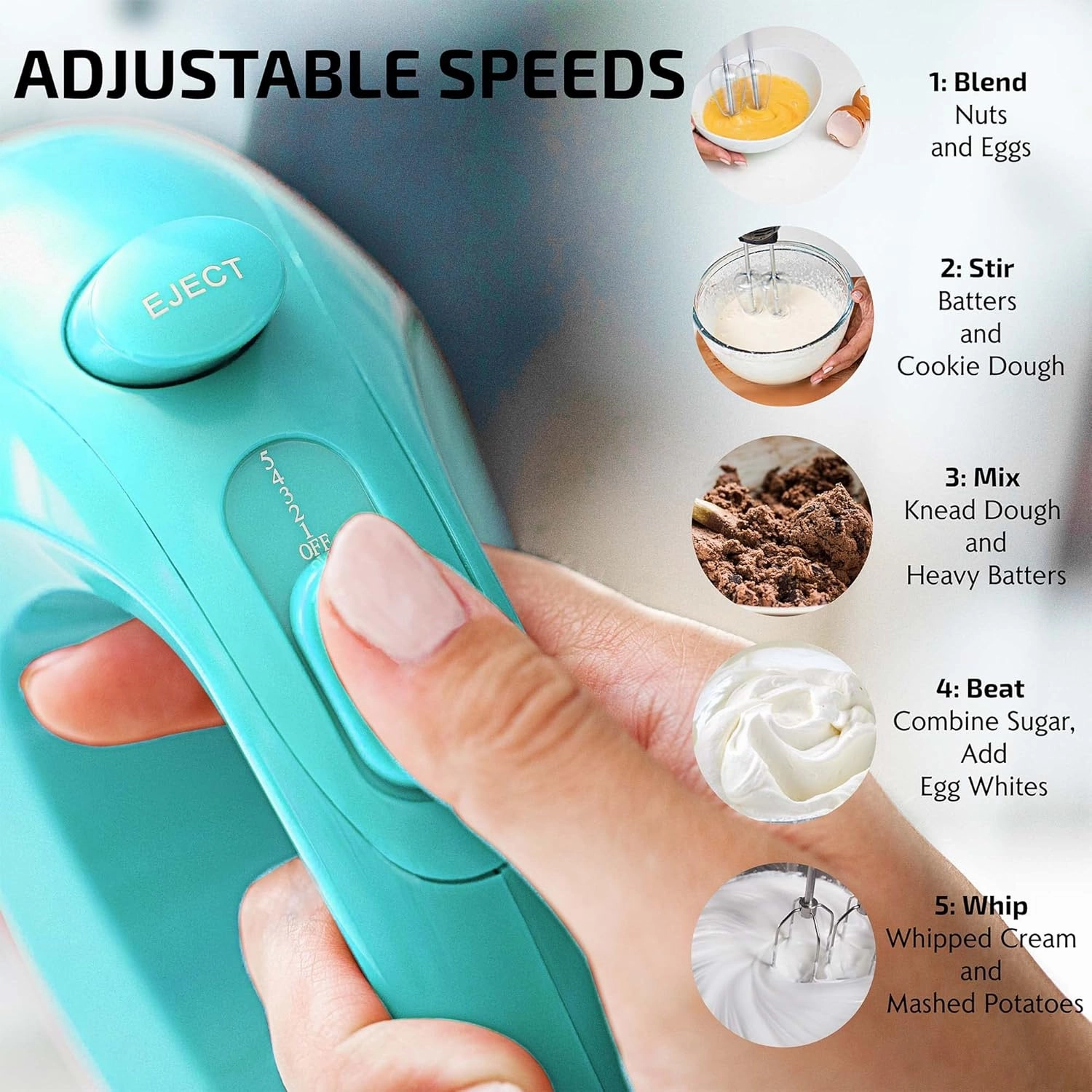 OVENTE 5-Speed Electric Hand Mixer with Stainless Steel Mixing Whisk, Snap-On Storage Case, Portable & Lightweight 150W Motor, Compact Handheld Mixer for Baking, Blending or Cooking, Turquoise HM151T