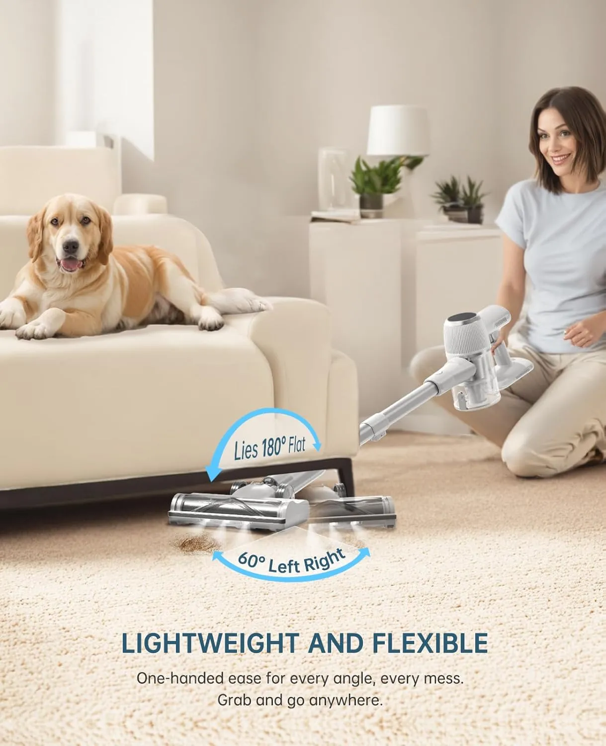OXVAC Cordless Vacuum Cleaner, 500W 45KPA 60 Mins Self-Standing Vacuum Cleaners for Home, Anti-Tangle Stick Vacuum with Dual LED Screen, Rechargeable Cordless Vacuum for Pet Hair/Carpet/Floor (White)