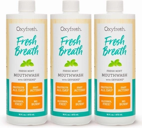 Oxyfresh Fresh Breath Fresh Mint Mouthwash – Dentist Recommended for Long-Lasting Fresher Breath & Healthy Gums | Alcohol & Fluoride Free (3-16 oz Bottles)