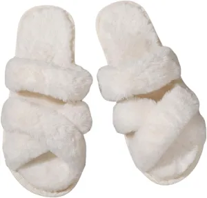 OYOANGLE Women's Fuzzy Cross Band Open Toe Plush Slippers Bedroom House Indoor Slides Slippers