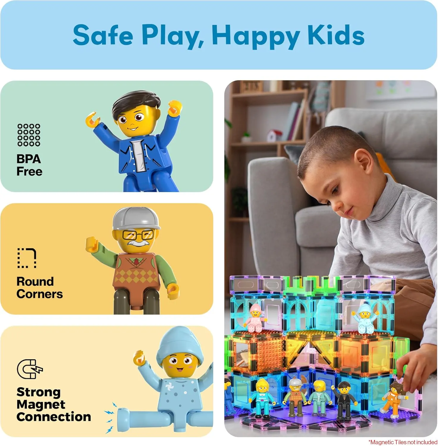 Picasso Toys Magnetic Action Figures 8 Piece Family Character for Construction Building Block Tiles Toddler Toy Set Magnet Expansion Variety Pack Educational STEM Learning Kit Pretend Playset PTA11