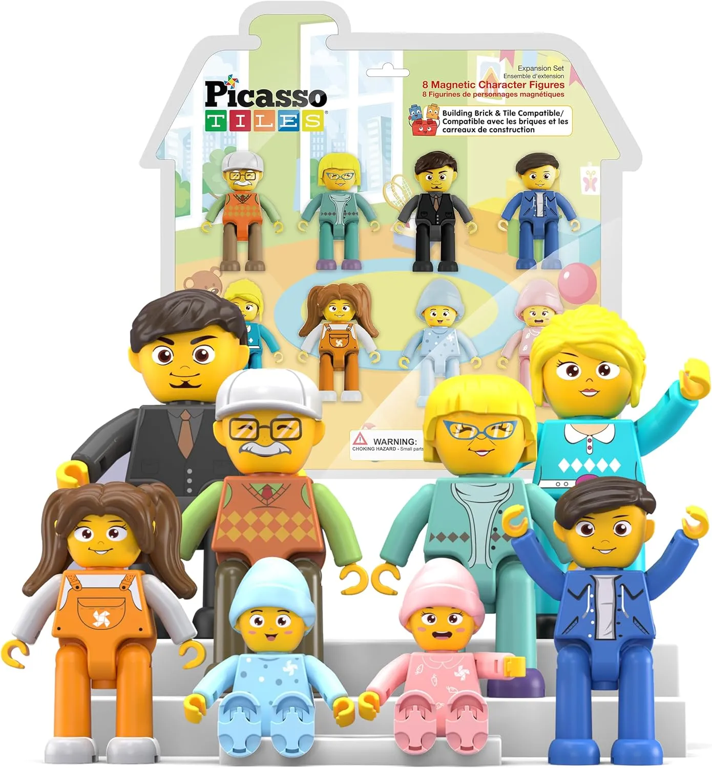 Picasso Toys Magnetic Action Figures 8 Piece Family Character for Construction Building Block Tiles Toddler Toy Set Magnet Expansion Variety Pack Educational STEM Learning Kit Pretend Playset PTA11