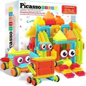 PicassoTiles 120pcs Hedgehog Interlocking Building Blocks Tiles Construction Toy Set Learning Playset STEAM Development Preschool Kindergarten Toy for Kids Age3  PTB120