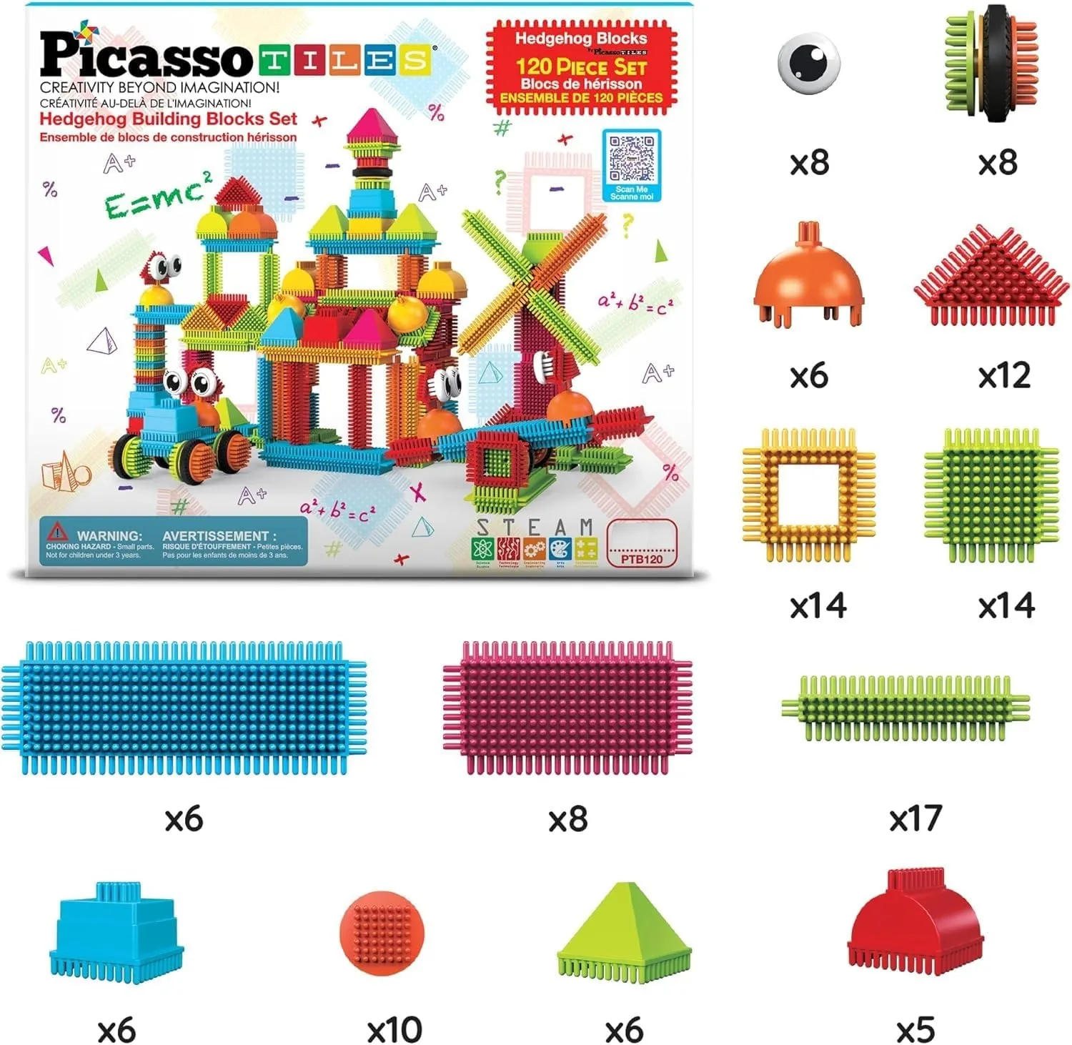 PicassoTiles 120pcs Hedgehog Interlocking Building Blocks Tiles Construction Toy Set Learning Playset STEAM Development Preschool Kindergarten Toy for Kids Age3  PTB120