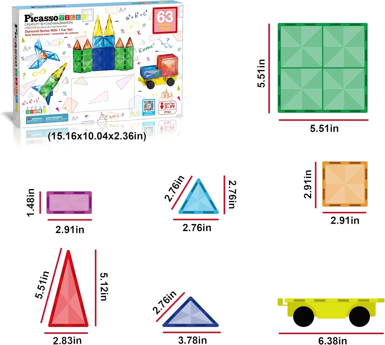 PicassoTiles 63 Piece Magnetic Building Block Construction Toy Set Diamond Magnet Tile Blocks with Car Truck STEM Learning Kit Early Education Builder Playset Toys for Children Toddler Boy Girl Age 3 