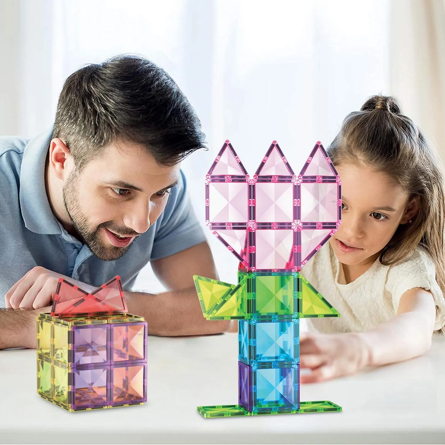 PicassoTiles 63 Piece Magnetic Building Block Construction Toy Set Diamond Magnet Tile Blocks with Car Truck STEM Learning Kit Early Education Builder Playset Toys for Children Toddler Boy Girl Age 3 