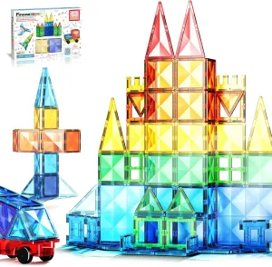 PicassoTiles 63 Piece Magnetic Building Block Construction Toy Set Diamond Magnet Tile Blocks with Car Truck STEM Learning Kit Early Education Builder Playset Toys for Children Toddler Boy Girl Age 3 