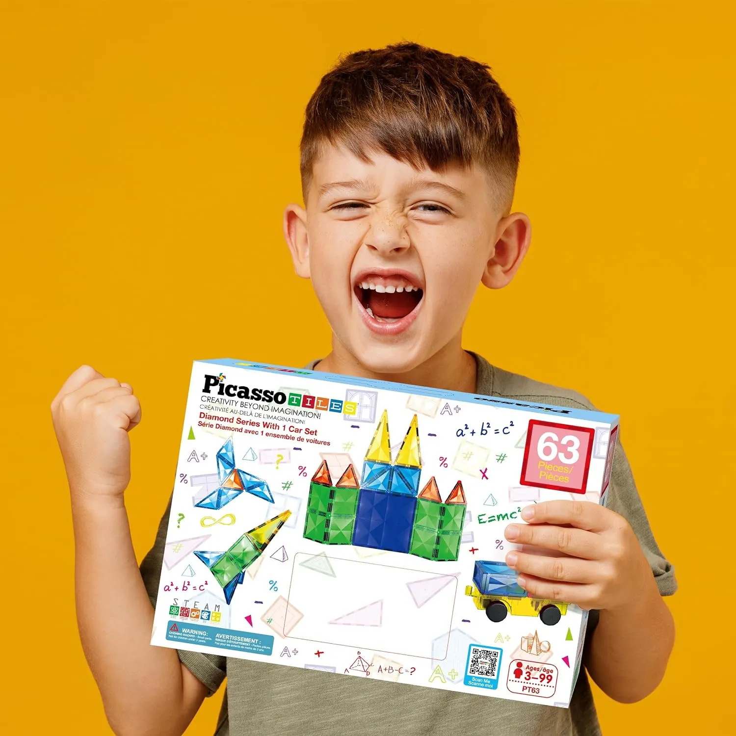 PicassoTiles 63 Piece Magnetic Building Block Construction Toy Set Diamond Magnet Tile Blocks with Car Truck STEM Learning Kit Early Education Builder Playset Toys for Children Toddler Boy Girl Age 3 