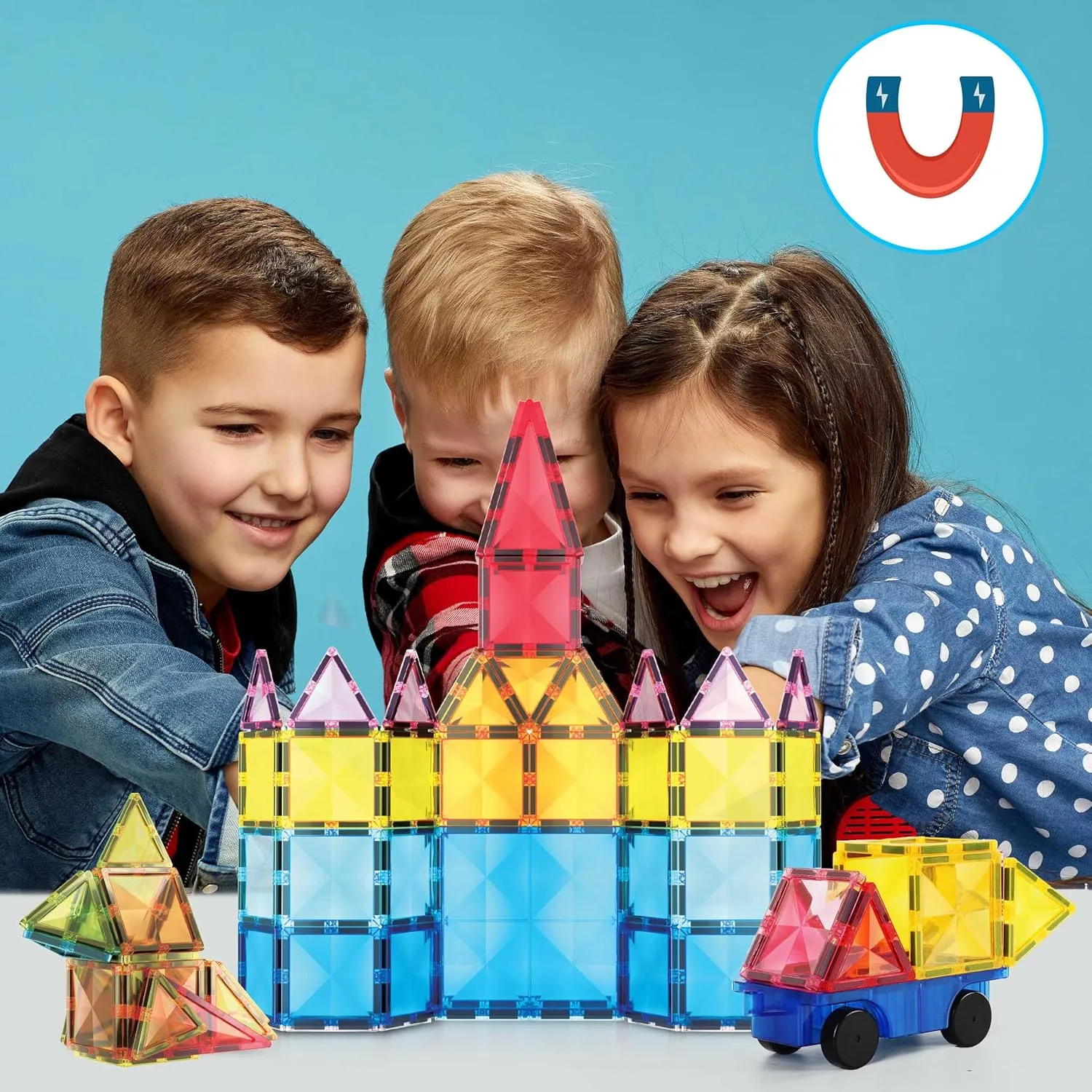 PicassoTiles 63 Piece Magnetic Building Block Construction Toy Set Diamond Magnet Tile Blocks with Car Truck STEM Learning Kit Early Education Builder Playset Toys for Children Toddler Boy Girl Age 3 