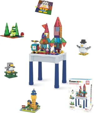 PicassoTiles Double Sided Magnetic Alphabet Board   Activity Play Table, 2-in-1 Letter Writing Reading 12x10 inch Magnet Playboard, 316pcs Magnetic Brick and Building Block Action Figures Water Sand